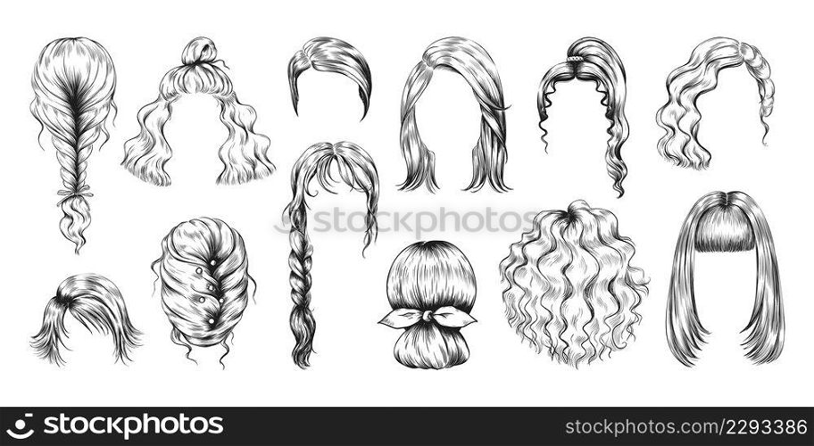 Hand drawn haircut. Female wig sketch. Womans long and short hairstyles. Girls beauty salon models. Stylish coiffure with braid, ponytail and bun. Vector glamour hairdo pencil drawing isolated set. Hand drawn haircut. Female wig sketch. Womans long and short hairstyles. Girls beauty salon models. Coiffure with braid, ponytail and bun. Vector hairdo pencil drawing isolated set