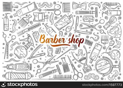 Hand drawn hairdresser tools. Hair styling related equipment doodle set background. Hand drawn hairdresser tools