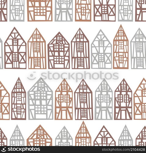 Hand drawn half-timbered houses. Vector seamless pattern.. Hand drawn houses on white background