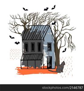 Hand drawn halloween house. Vector sketch illustration.. Halloween house. Vector illustration.