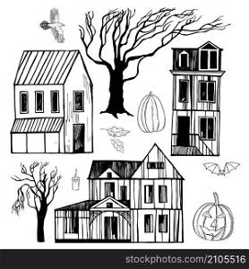 Hand drawn halloween houses and trees on white background. Vector sketch illustration.