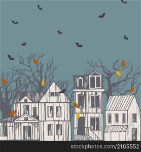 Hand drawn halloween houses and trees . Vector background.
