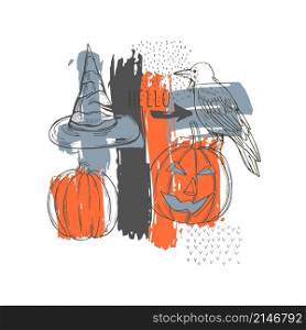 Hand drawn halloween pumpkin and raven. Vector sketch illustration.. Halloween pumpkin and raven. Vector illustration.