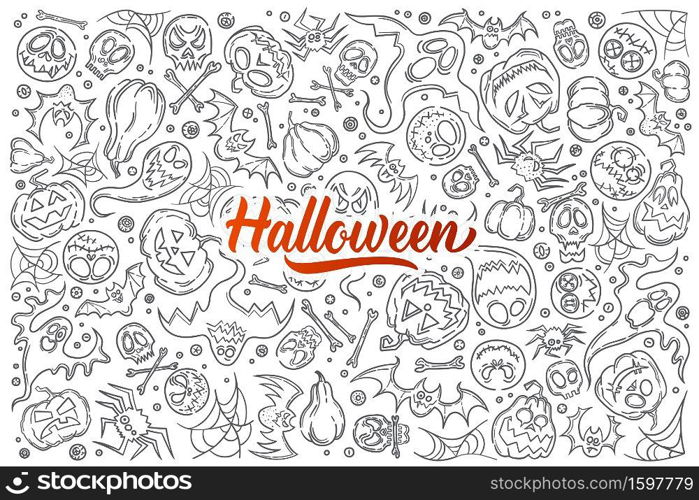 Hand drawn Halloween symbols. Pumpkin, skull, ghost, web, bone and spider doodle set background. Hand drawn Halloween symbols.