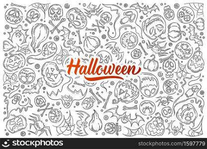 Hand drawn Halloween symbols. Pumpkin, skull, ghost, web, bone and spider doodle set background. Hand drawn Halloween symbols.