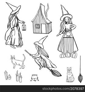 Hand drawn halloween witches. Vector sketch illustration.. Halloween witches. Vector illustration.