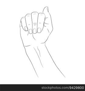Hand drawn hand. Empty contour isolated on white background. Hand drawn female hand sketch. Black outline on white background. Vector illustration