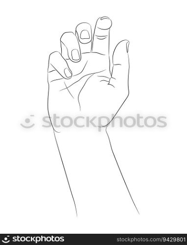 Hand drawn hand. Empty contour isolated on white background. Hand drawn female hand sketch. Black outline on white background. Vector illustration