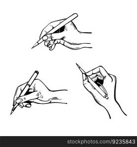 Hand-drawn hand holding a pen. Vector sketch  illustration. . Hand wth a pen. Vector sketch  illustration. 