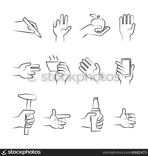 Hand drawn hand icons with tools and other objects. Vector illustration. Hand drawn hand icons with tools and other objects
