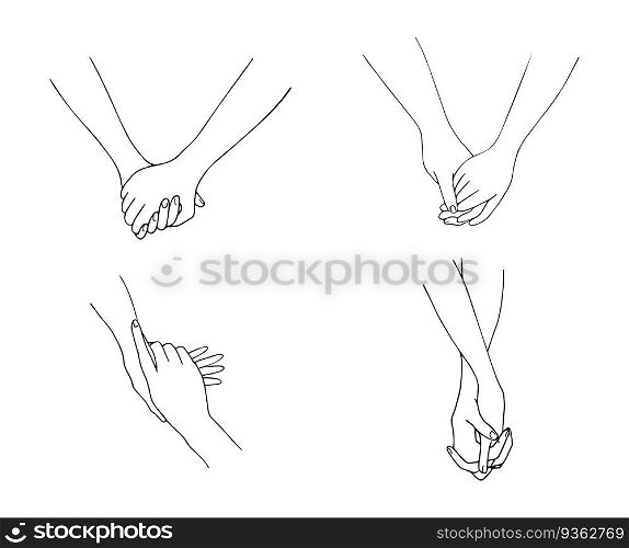 Hand drawn hands isolated on white background. Hand in hand. One line contour drawing. Outline holding hands. Hands of lovers. Vector illustration
