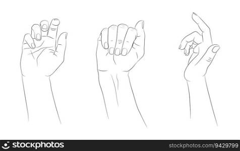 Hand drawn hands set. Hand drawn female hands empty contour isolated on white background. Vector illustration
