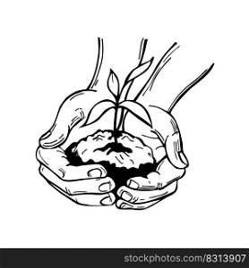 Hand-drawn hands with a young plant. Vector sketch  illustration.. Hands with  plant. Sketch  illustration.
