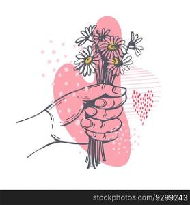 Hand-drawn hands with flowers. Vector sketch  illustration. . Hands with flowers. Sketch  illustration. 