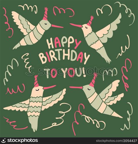 Hand drawn happy flying hummingbirds birthday pattern. Perfect for greeting card, party invitation and print. Doodle vector illustration for decor and design.