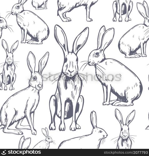 Hand drawn hares on white background. Vector seamless pattern . Vector pattern with hares .