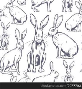 Hand drawn hares on white background. Vector seamless pattern . Vector pattern with hares .