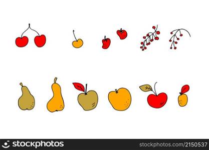 Hand drawn harvest fruits icons collection. Perfect for poster, stickers and print. Doodle vector illustration for decor and design.
