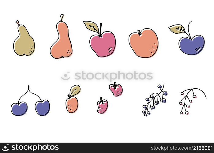 Hand drawn harvest fruits icons collection. Perfect for poster, stickers and print. Doodle vector illustration for decor and design.