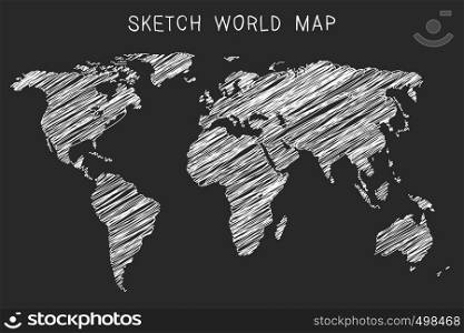 Hand drawn hatched world map. Grunge illustration of white silhouettes world map.. Hand drawn hatched world map