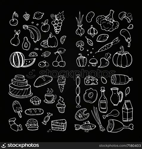 Hand drawn healhty and fast food. Doodle vegetables, fruits, desserts, meat and diary products. Vector sketch food chalkboard, cake and fruit, fish and meat illustration. Hand drawn healhty and fast food. Doodle vegetables, fruits, desserts, meat and diary products