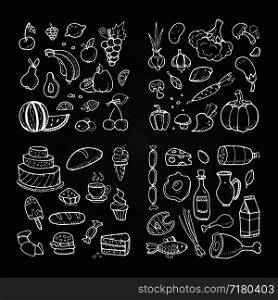 Hand drawn healhty and fast food. Doodle vegetables, fruits, desserts, meat and diary products. Vector sketch food chalkboard, cake and fruit, fish and meat illustration. Hand drawn healhty and fast food. Doodle vegetables, fruits, desserts, meat and diary products