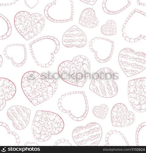 Hand drawn heart seamless pattern. Vector background with doodled red hearts full of bubbles. Sketched illustration with vintage doodle love symbols for web banner, love card or girl birthday poster.. Doodle hearts with bubbles seamless pattern