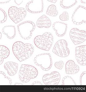 Hand drawn heart seamless pattern. Vector background with doodled red hearts full of bubbles. Sketched illustration with vintage doodle love symbols for web banner, love card or girl birthday poster.. Doodle hearts with bubbles seamless pattern