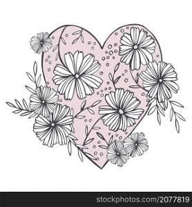 Hand drawn heart with flowers. Vector sketch illustration.. Heart with flowers. Vector illustration.