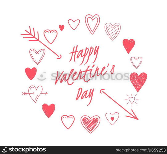 Hand drawn hearts arranged in a circle with  Happy Valentine’s Day  text, vector eps10 illustration. Happy Valentine’s Day