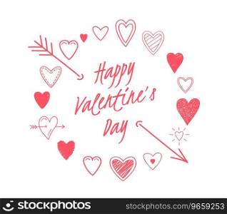 Hand drawn hearts arranged in a circle with  Happy Valentine’s Day  text, vector eps10 illustration. Happy Valentine’s Day