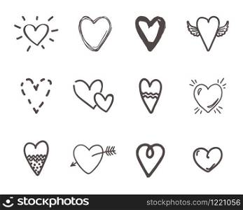 Hand drawn hearts. Outline scribble brush heart set. Doodle ink drawings love sketch. Vector minimalism rough pencil cute illustration hearts shape with wings or arrow. Hand drawn hearts. Outline scribble brush heart set. Doodle drawings love sketch. Vector cute pencil illustration