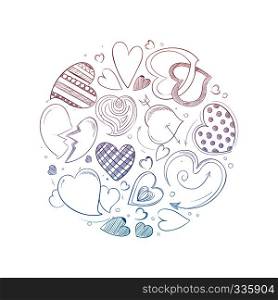 Hand drawn hearts round concept. Badge and emblem, vector illustration. Hand drawn hearts round concept