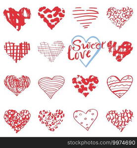 Hand drawn hearts symbols and lettering for Valentines day. Sketched doodle elements for wedding invitations, scrapbook, cards, posters. gift wraps.