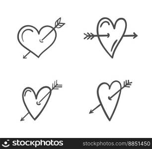 Hand drawn hearts with arrows for Valentine’s day or wedding design, 20 line icons, vector eps10 illustration. Hearts with Arrows