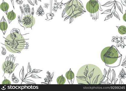 Hand-drawn henna set. Lavsonia non-thorny  Lawsonia inermis . Vector  background. Sketch  illustration. . Henna set. Vector  background. 