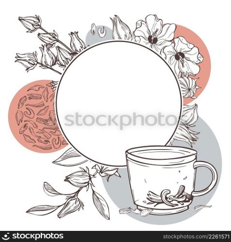  Hand drawn  hibiscus tea set. Roselle plant   Jamaica sorrel, Rozelle or hibiscus sabdariffa . Vector frame..  Hibiscus tea set.Vector frame.
