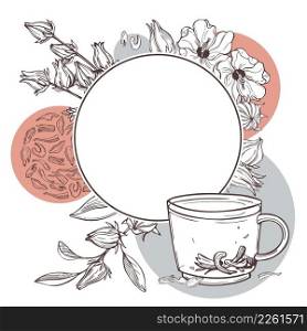  Hand drawn  hibiscus tea set. Roselle plant   Jamaica sorrel, Rozelle or hibiscus sabdariffa . Vector frame..  Hibiscus tea set.Vector frame.