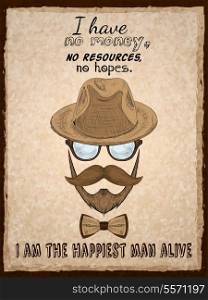 Hand drawn hipster poster print with glasses beard mustache hat and pipe vector illustration