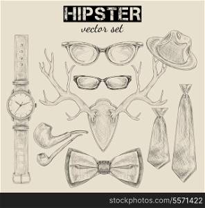 Hand drawn hipster style accessory set hat bow pipe glasses with antlers isolated sketch vector illustration