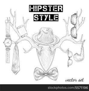 Hand drawn hipster style accessory set on antlers isolated sketch vector illustration
