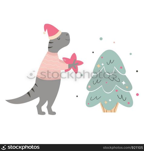 Hand drawn holiday T rex decorating Christmas tree. Festive print, illustration