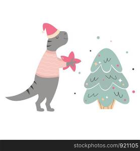 Hand drawn holiday T rex decorating Christmas tree. Festive print, illustration