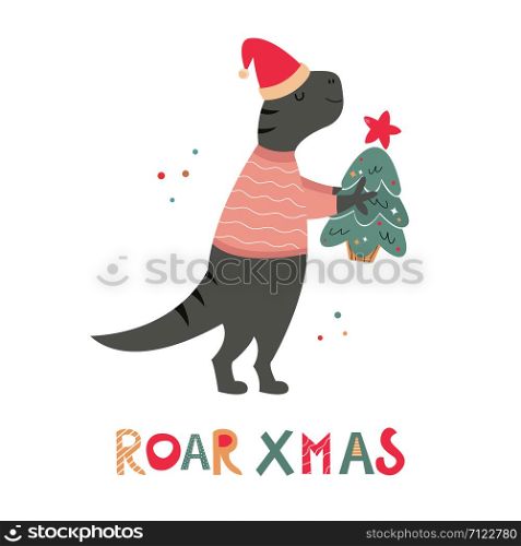 Hand drawn holiday T-rex with Christmas gift. Holiday card, print, banner. Cute dino character and lettering text. Hand drawn holiday T-rex with Christmas gift