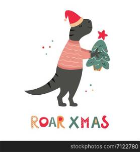 Hand drawn holiday T-rex with Christmas gift. Holiday card, print, banner. Cute dino character and lettering text. Hand drawn holiday T-rex with Christmas gift