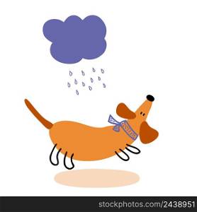 Hand drawn homeless dachshund puppy run away from the rain. Perfect for T-shirt, poster, card and print. Doodle vector illustration for decor and design.