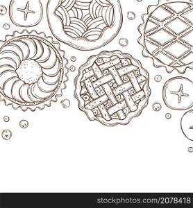 Hand drawn homemade pies on white background. Vector sketch illustration.. Homemade pies.Vector sketch illustration.