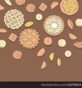 Hand drawn homemade pies. Vector seamless pattern. . Homemade pies. Vector background