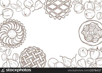Hand drawn homemade pies with fruits on white background. Vector background.. Homemade fruits pies.Vector illustration.