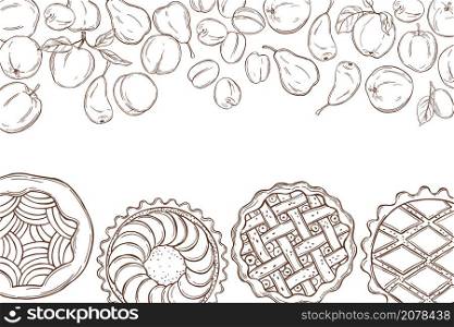 Hand drawn homemade pies with fruits on white background. Vector background.. Homemade fruits pies.Vector illustration.